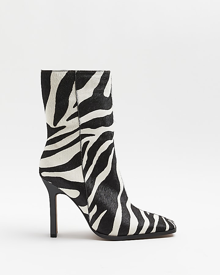 Black leather animal print heeled ankle boots