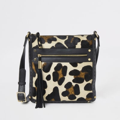 Black leather animal print messenger bag