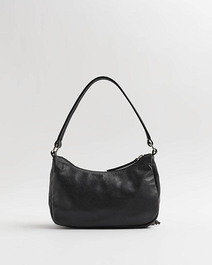 Black leather beaded shoulder bag