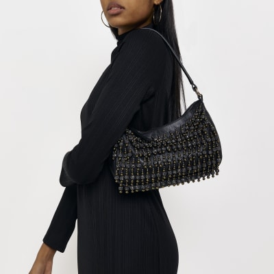Black leather beaded shoulder bag River Island