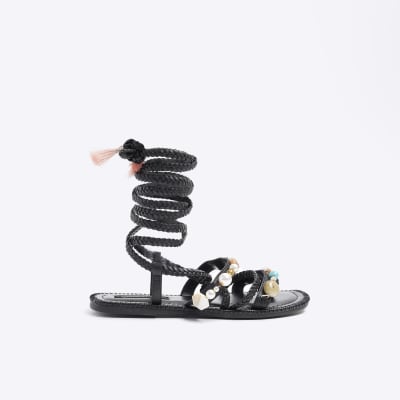 River Island Womens Black Leather Beaded Tie Up Gladiator Sandals