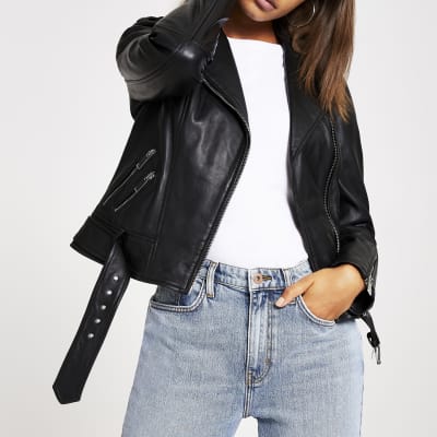 Black leather belted biker jacket
