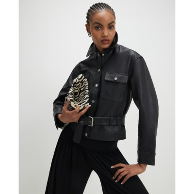 Black Leather Belted Long Sleeve Shirt