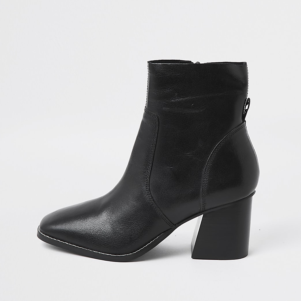 Black leather block heel ankle boot | River Island