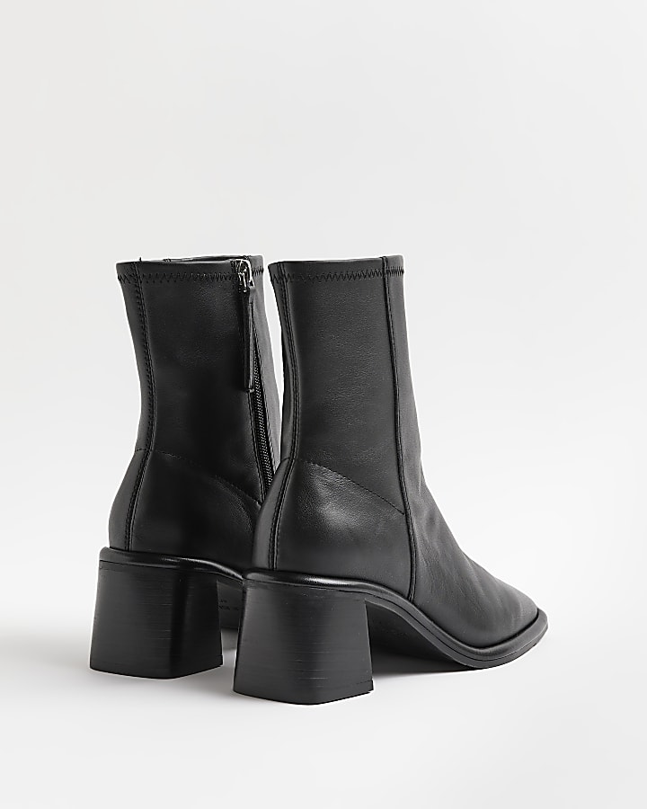 Black leather block heel ankle boots