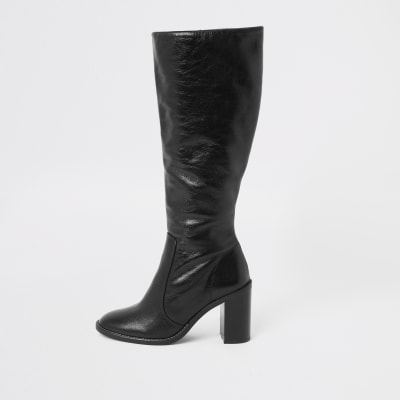 knee high black leather heeled boots