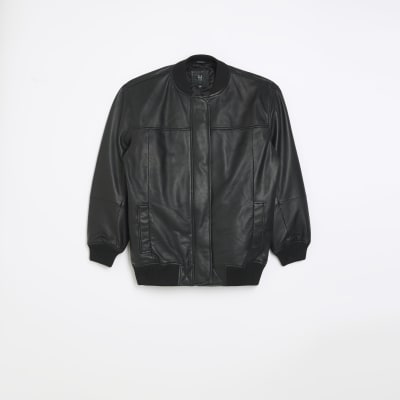 Black leather bomber jacket River Island