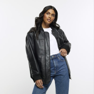 Black leather bomber jacket | River Island