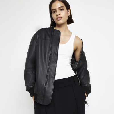 Black leather bomber jacket