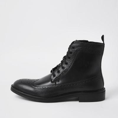 Black leather brogue boots | River Island