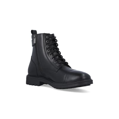 Black leather buckle combat boots | River Island