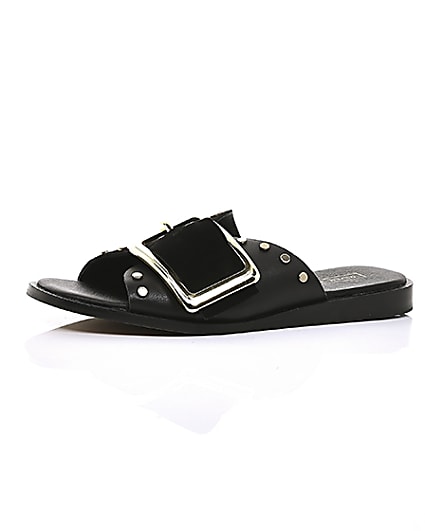 360 degree animation of product Black leather buckle flat sandals frame-0