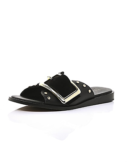 360 degree animation of product Black leather buckle flat sandals frame-1