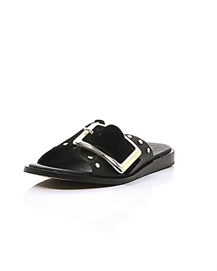 360 degree animation of product Black leather buckle flat sandals frame-2
