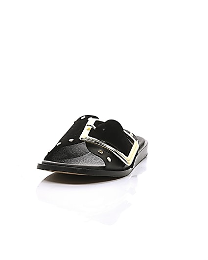 360 degree animation of product Black leather buckle flat sandals frame-3