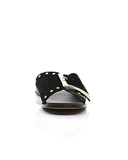 360 degree animation of product Black leather buckle flat sandals frame-5