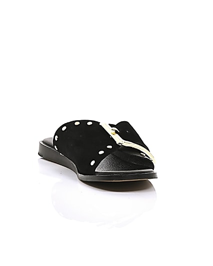 360 degree animation of product Black leather buckle flat sandals frame-6