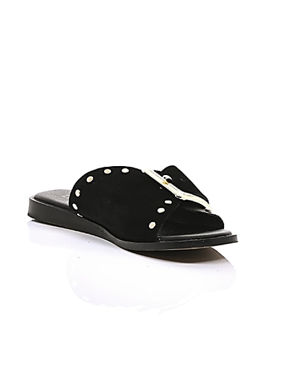 360 degree animation of product Black leather buckle flat sandals frame-7
