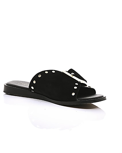 360 degree animation of product Black leather buckle flat sandals frame-8