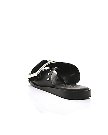 360 degree animation of product Black leather buckle flat sandals frame-18