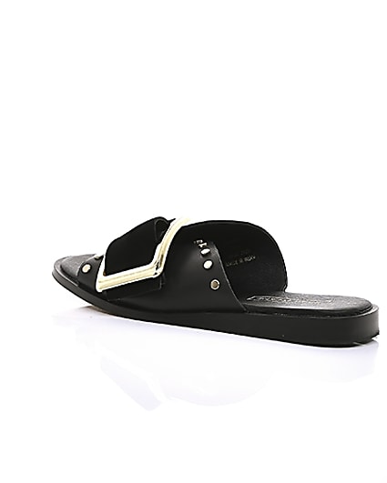 360 degree animation of product Black leather buckle flat sandals frame-20