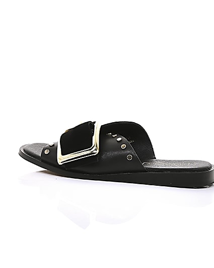 360 degree animation of product Black leather buckle flat sandals frame-21