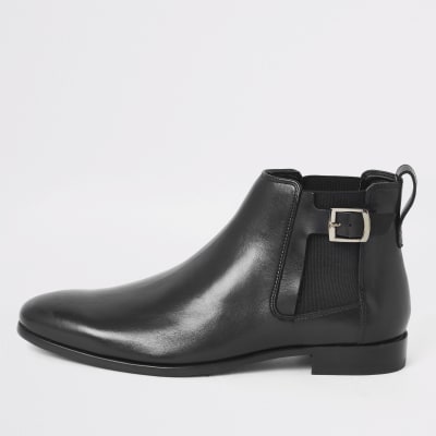 Black Leather Buckle Side Boots River Island