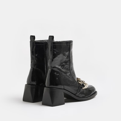Black leather chain ankle boots River Island