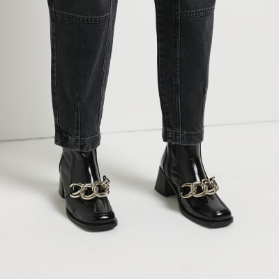 Black leather chain ankle boots River Island