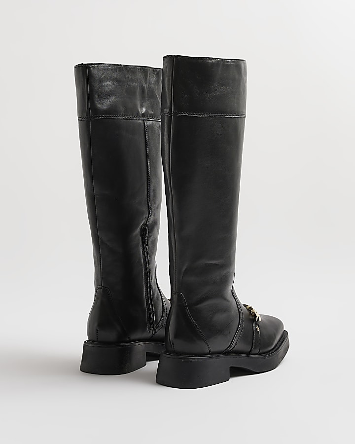 Black leather chain high leg boots