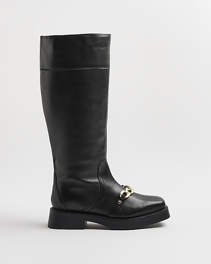 Black leather chain high leg boots