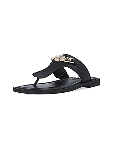360 degree animation of product Black leather chain link sandals frame-0