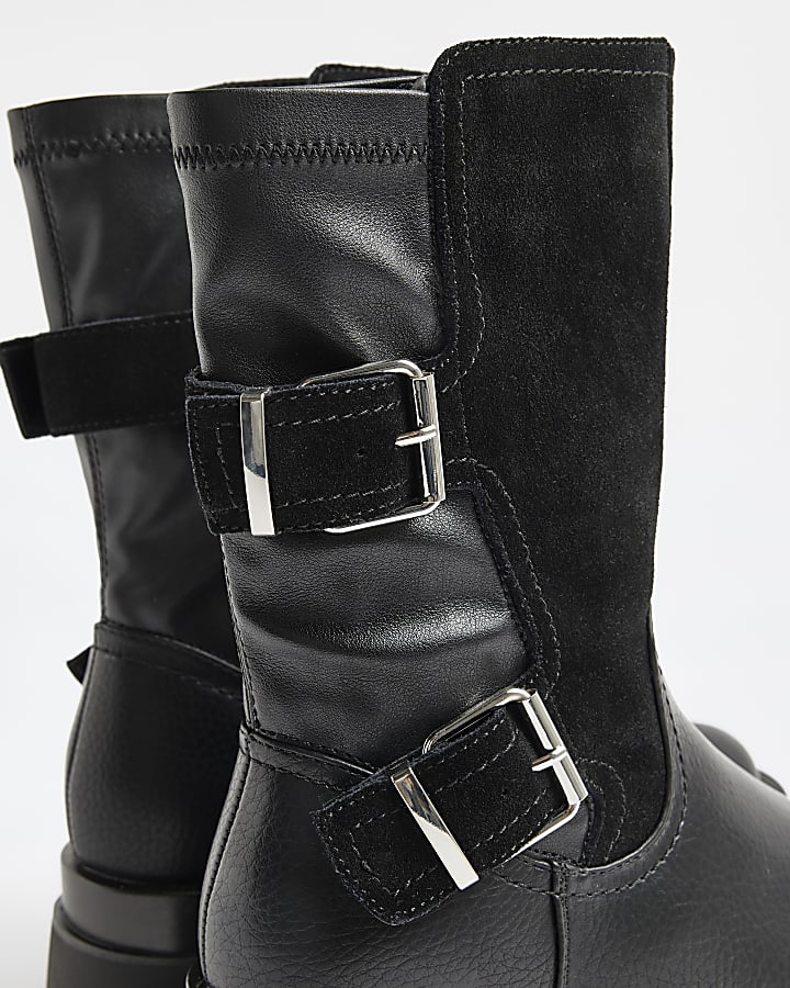 Black leather chunky ankle boots