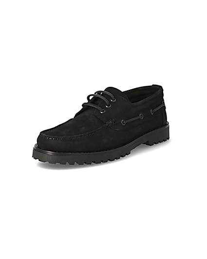 360 degree animation of product Black leather chunky boat shoes frame-0