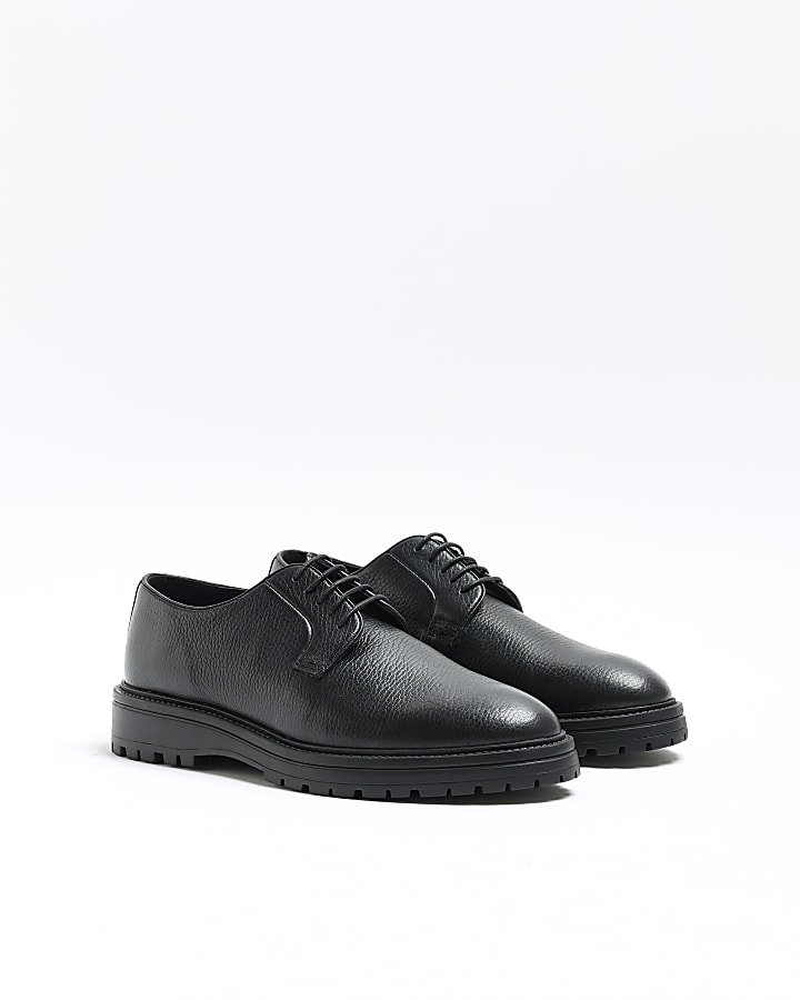 Black leather chunky derby shoes | River Island