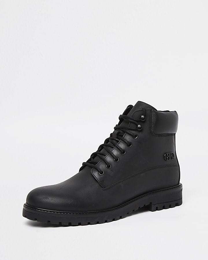 Black leather chunky lace up worker boots