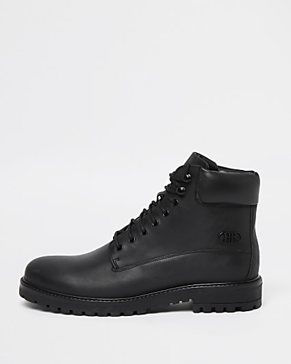 Black leather chunky lace up worker boots