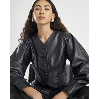 Black Leather Cocoon Sleeve Cropped Blazer