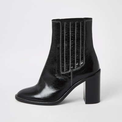 Black leather constrast stitch gusset boots | River Island