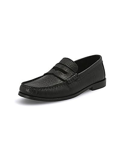 360 degree animation of product Black leather croc embossed loafers frame-0