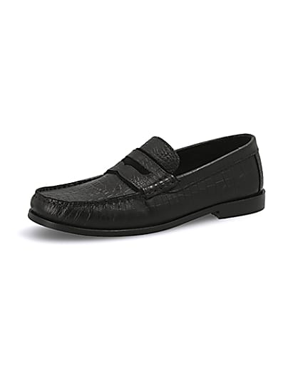 360 degree animation of product Black leather croc embossed loafers frame-1