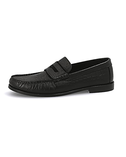 360 degree animation of product Black leather croc embossed loafers frame-2