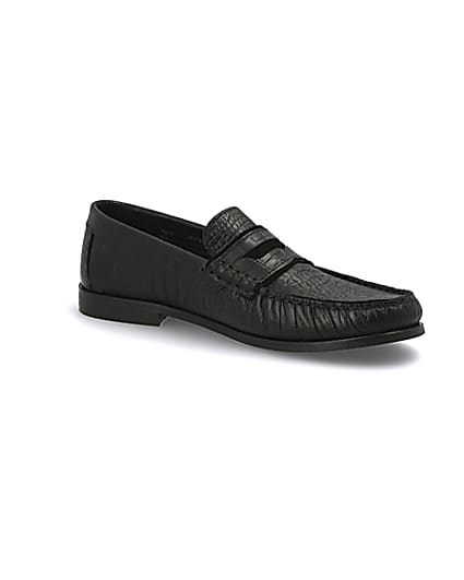 360 degree animation of product Black leather croc embossed loafers frame-17