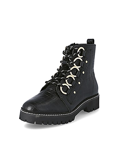 360 degree animation of product Black leather croc embossed wide fit boots frame-0
