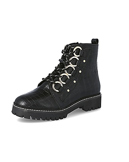 360 degree animation of product Black leather croc embossed wide fit boots frame-1