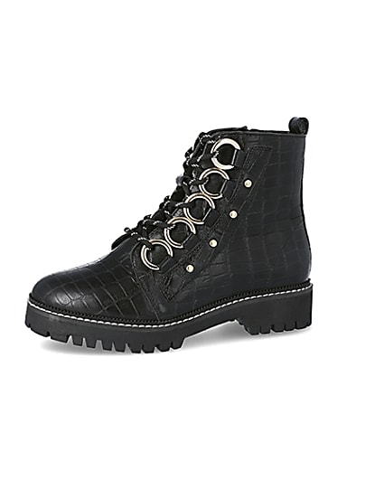 360 degree animation of product Black leather croc embossed wide fit boots frame-2