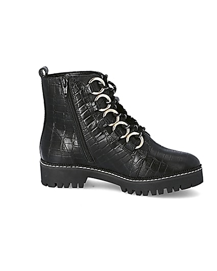 360 degree animation of product Black leather croc embossed wide fit boots frame-16