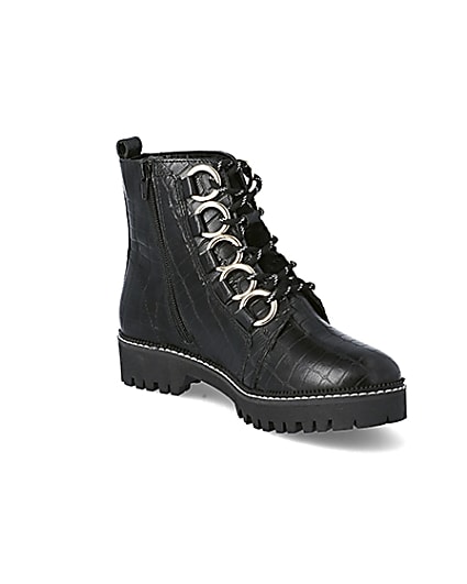 360 degree animation of product Black leather croc embossed wide fit boots frame-18