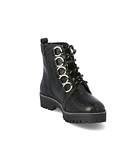 360 degree animation of product Black leather croc embossed wide fit boots frame-19