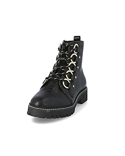 360 degree animation of product Black leather croc embossed wide fit boots frame-23